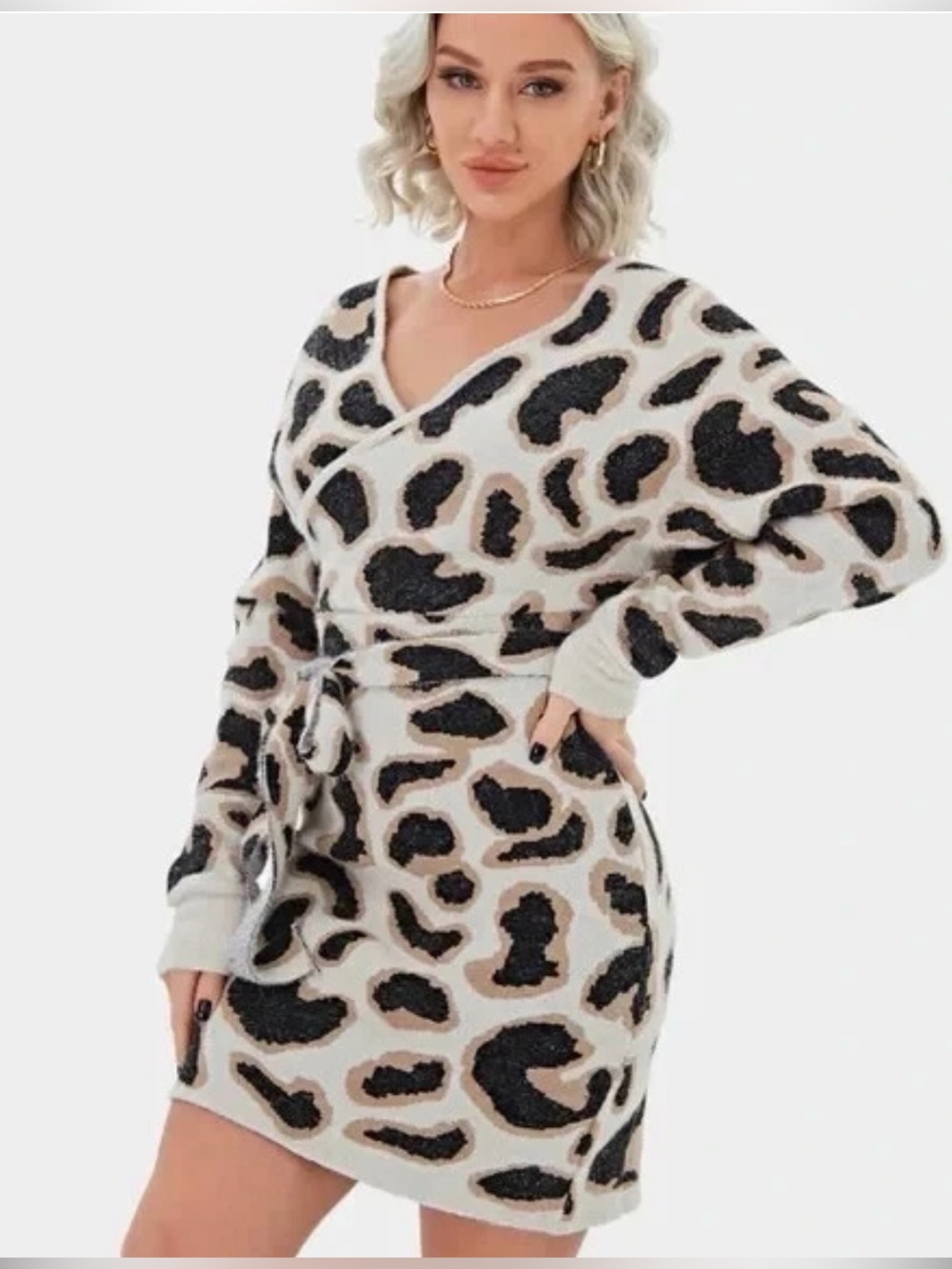 Halara Everyday Deep V Neck Mini Sweater Dress Small Leopard Print NWT *no belt